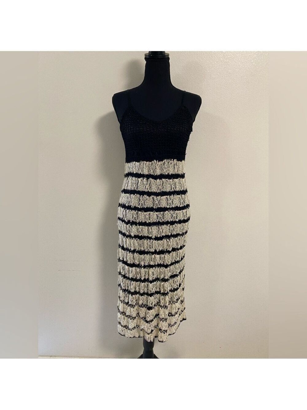 Free People Dress Womens Size Medium Black Ivory Crochet Lace Vintage Midi Dress